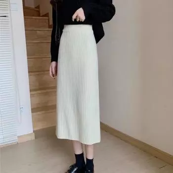 Трикотажная юбка для женщин осень и зима средняя длина высокая талия твердая юбка нишевая дизайн сказочная повседневная юбка женские топы