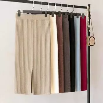 Трикотажная юбка миди и шерстяная юбка сзади с высокой талией и разрезом средней длины, облегающая юбка для женщин на осень и зиму, юбка средней длины S