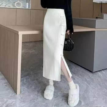 Трикотажная юбка осень-зима 2024 года, новая ретро-пряжка с высокой талией, а-образный вырез, обхват бедер, разрез, вилка, средняя и длинная юбка-свитер для женщин One Size