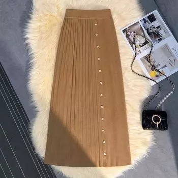 Трикотажная юбка осень-зима 2025 г. Юбка с мелкими складками и разрезом на бедрах Юбка с пуговицами Прямая юбка One size чёрный