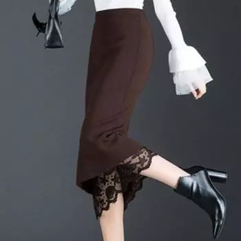 Трикотажная юбка-полусолнце, весна-осень, юбка средней длины с высокой талией, облегающая бедра, с разрезом на юбке S