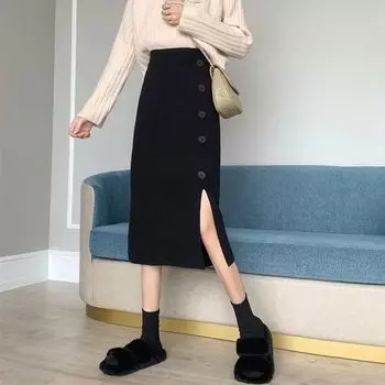 Трикотажная юбка средней длины для женщин на осень и зиму, универсальная юбка с высокой талией и разрезом, юбка А-силуэта, облегающая бедра S