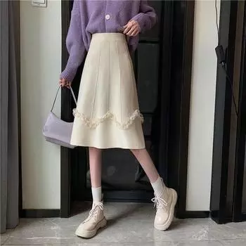 Трикотажная юбка женщины весна и осень маленькие корейские сплошные повседневные дизайн нишевые кружева A-line юбка зима со свитером юбка женская