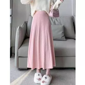 Трикотажная юбка женская 2024 новая осень и зима средняя и длинная темпераментная твист шерстяная юбка драпировка высокая талия a word one size fits all розовый