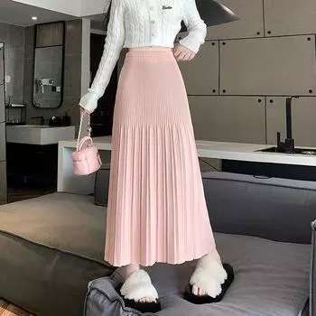 Трикотажная юбка женская длинная юбка осень-зима корейская версия юбка А-силуэта с высокой талией утягивающая юбка с большой складкой One Size чёрный