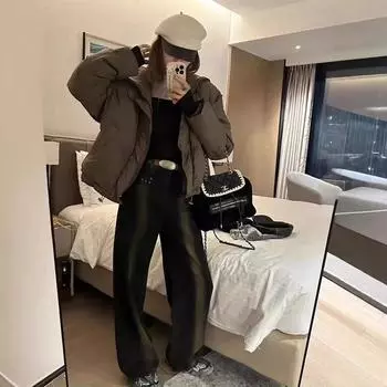 Трикотажная водолазка с белым утиным пухом женская зимняя новая модная свободная теплая маленькая куртка 2024 года S recommends within 60 kg