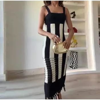 Трикотажное длинное платье с кисточками, женское полосатое облегающее платье с открытой спиной, элегантное пляжное платье без рукавов с открытой спиной XS
