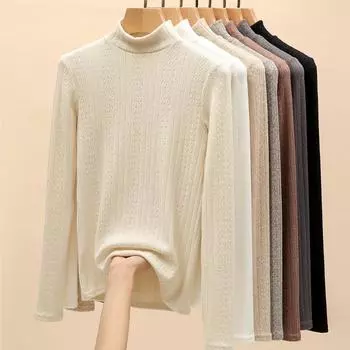 Трикотажное нижнее белье для женщин, осенне-зимний новый стиль с полуводолазкой, облегающий теплый топ со средним вырезом и длинными рукавами XXL чёрный