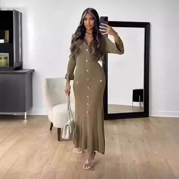 Трикотажное облегающее платье с V-образным вырезом и длинными расклешенными рукавами на пуговицах, однотонное женское праздничное летнее осеннее плиссированное женское платье S белый