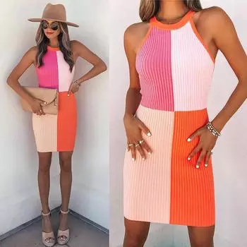 Трикотажное облегающее платье в рубчик, летнее, с круглым вырезом, без рукавов, сексуальное мини-платье для вечеринок, эластичная юбка-трапеция S розовый
