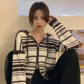 Трикотажное пальто с капюшоном и двойной молнией, осень 2022, новый дизайн, свободный топ в полоску, женский повседневный кардиган с длинными рукавами, женский свитер One Size чёрный