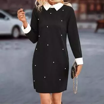 Трикотажное платье А-силуэта в европейском и американском стиле с воротником-стойкой и длинными рукавами S чёрный