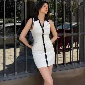 Трикотажное платье без рукавов для женщин с V-образным вырезом, облегающее мини-платье с высокой талией, женская летняя пляжная повседневная одежда, элегантное вечернее платье с пышными формами S белый