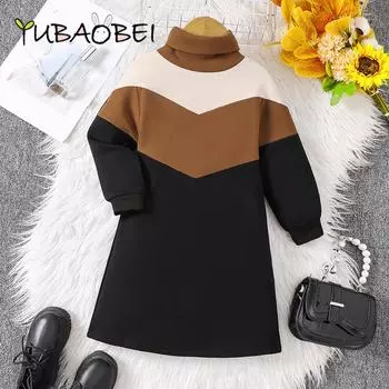 Трикотажное платье для девочки, детская одежда, весна и осень, цветные платья-свитера с высоким воротом для детей 110cm коричневый