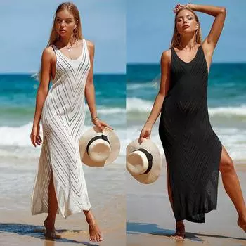 Трикотажное платье макси с открытой спиной в европейском и американском стиле - защита от солнца, пляжное прикрытие One Size