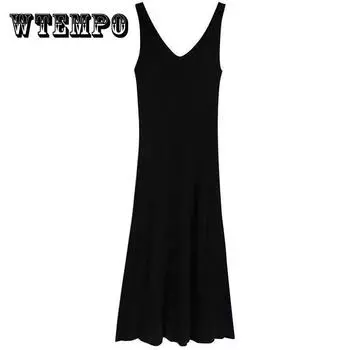 Трикотажное платье на подтяжках, женское летнее тонкое элегантное жилет, длинное повседневное платье из ледяного шелка с тонким низом XL чёрный