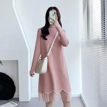 Трикотажное платье осень-зима маленькое среднее и длинное милое внутреннее длинное рукава с оборкой по краю сращивание низ свитер юбка one size fits all розовый