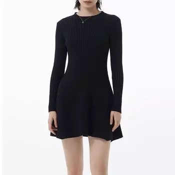 Трикотажное платье с длинным рукавом для женщин, осень-зима, облегающее платье с круглым вырезом, трапециевидной формы, черное, корейский стиль, одежда Y2k S чёрный