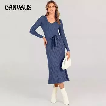 Трикотажное платье с длинным рукавом, женское платье-корсет с поясом-завязкой, длинное, однотонное, с V-образным вырезом, цельное платье S белый