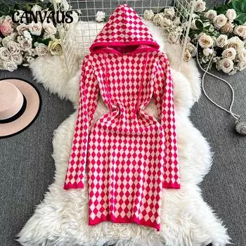 Трикотажное платье с капюшоном и небольшим парфюмом во французском стиле для женщин, осенне-зимний комплект, короткий свитер на бедрах One size чёрный