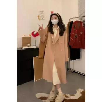 Трикотажное платье с капюшоном, тонкое, на осень и зиму, длинное, свободное внутри, с кремовой юбкой-свитером one size fits all розовый