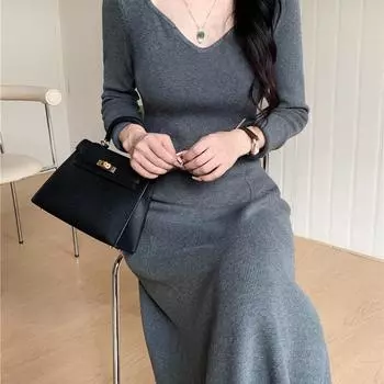 Трикотажное платье с низом, женское, осенне-зимнее, платье-трапеция Sense Swing One Size чёрный