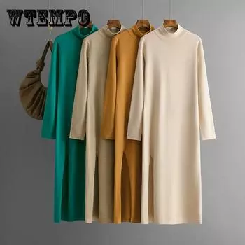 Трикотажное платье с полувысоким воротом для женщин, однотонное, с разрезом, длинными рукавами, длинные брюки, шерстяное платье One Size чёрный