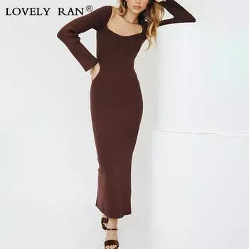 Трикотажное платье с разрезом по горловине для женщин, элегантные женские платья с длинным рукавом S бежевый