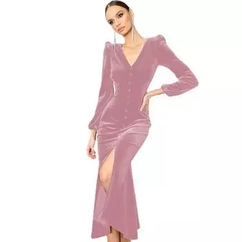 Трикотажное платье с V-образным вырезом, подкладкой на плечах и длинными рукавами, женское интеллектуальное платье с длинной юбкой S серый