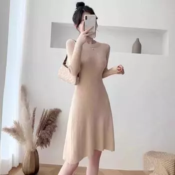 Трикотажное платье женское осенне-зимнее короткое, тонкое, маленькое, внутри и снаружи, маленькое черное платье, низ с пальто, юбка-свитер. one size fits all серый