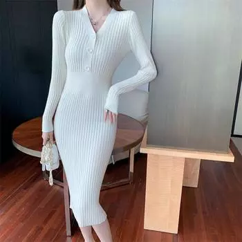 Трикотажное платье женское с длинными рукавами облегающее, прикрывающее талию, юбка длинная юбка темперамент осень и зима M абрикосовый