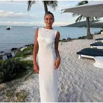 Трикотажное платье женское с круглым вырезом без рукавов Flods Bow Slim Hip Package Dresses сексуальное полое перспективное летнее пляжное однотонное платье с высокой талией S розовый