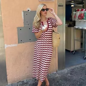 Трикотажное полосатое ажурное длинное платье с коротким рукавом, V-образным вырезом, пуговицами, крючком на бедрах, праздничное пляжное платье 2024 года, летнее женское платье S красный