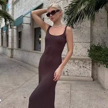 Трикотажное ребристое облегающее макси-платье с открытой спиной и круглым вырезом, модное элегантное вечернее платье, длинное трикотажное платье в стиле пэчворк S бежевый