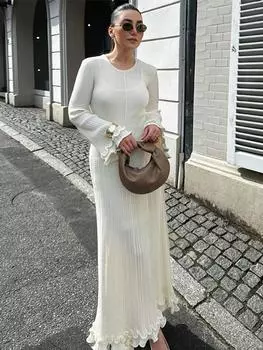 Трикотажное женское длинное платье Fungus с расклешенными рукавами и открытой спиной, со шнуровкой на бедрах, осенние женские халаты S белый