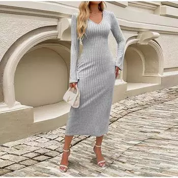 Трикотажное женское платье с длинным рукавом и V-образным вырезом, элегантное осеннее платье, модные повседневные платья S чёрный