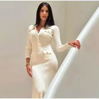 Трикотажные элегантные вечерние платья женские узкие с лацканами на пуговицах карманы длинные платья офисные женские ребристые халаты с длинными рукавами 2024 осень новинка S