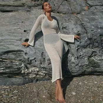 Трикотажные ажурные пляжные платья женские сексуальные однотонные платья с круглым вырезом и длинным рукавом большого размера весна-лето женские солнцезащитные платья Vestidos S белый