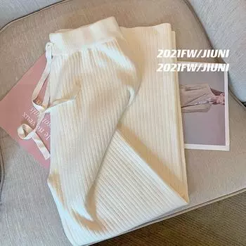 Трикотажные брюки с широкими ногами женщины 2022 осень и зима новые свободные все матчи брюки высокая талия тонкие прямые повседневные брюки