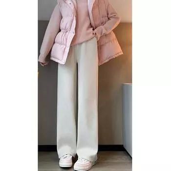 Трикотажные брюки широкого кроя из настоящего кашемира для женщин осень-зима 2023 бархатные новые тонкие и универсальные брюки в пол с высокой талией S чёрный