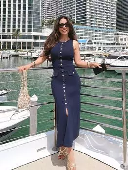 Трикотажные длинные платья без рукавов для женщин с круглым вырезом, однобортные, с поддельными карманами, с разрезом, для вечеринок, летних пляжных дамских халатов M абрикосовый