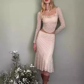 Трикотажные комплекты, осенне-зимние наряды с длинными рукавами, бандажный топ, плиссированные юбки, платье, комплекты из двух предметов, S-XL L бежевый