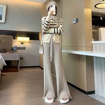 Трикотажные микро расклешенные брюки в полоску, женские осенне-зимние свободные мягкие и клейкие широкие брюки с свисающей кисточкой для швабры для пола One Size чёрный