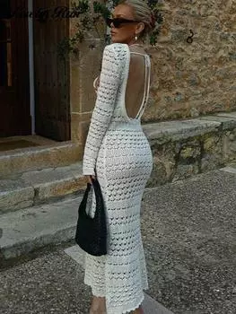 Трикотажные платья миди с открытой спиной, женское открытое платье для пляжного клуба, женское летнее облегающее платье с круглым вырезом на шнуровке, женские платья S белый