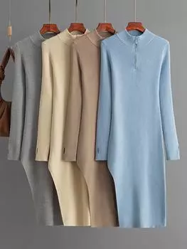 Трикотажные платья на молнии для женщин 2024 года, осень-зима, полуводолазка, длинное облегающее однотонное платье для женщин, платья с разрезом до бедра и миди One Size чёрный