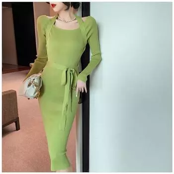Трикотажные платья женские, весна-осень 2021, новое облегающее офисное платье с v-образным вырезом и длинными рукавами, однотонное платье миди в корейском стиле, простое платье S зелёный