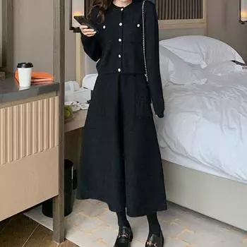 Трикотажные плиссированные юбки миди для женщин, однотонные юбки с высокой талией, юбка-трапеция, осень-зима, корейская элегантная узкая повседневная юбка с карманами XXXL чёрный