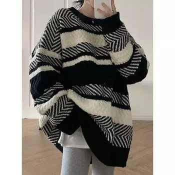 Трикотажные пуловеры женские черно-белые полосатые контрастные цвета свитера с круглым вырезом и длинным рукавом осенние теплые свободные пуловеры топы S