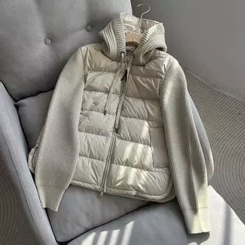 Трикотажные рукава сращивание белый гусиный пух куртка женская зимняя мода 2024 года высокая роскошь утолщенный капюшон обтягивающий топ M