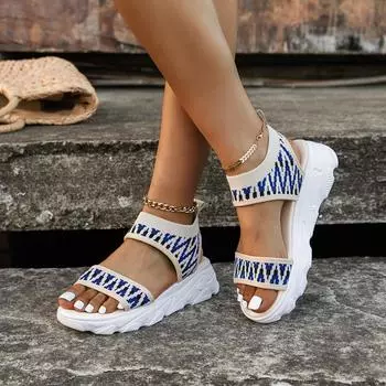 Трикотажные сандалии без шнуровки на толстой подошве, женские повседневные пляжные туфли на танкетке с открытым носком, дышащая сетка, модная летняя мягкая женская обувь 36 бежевый